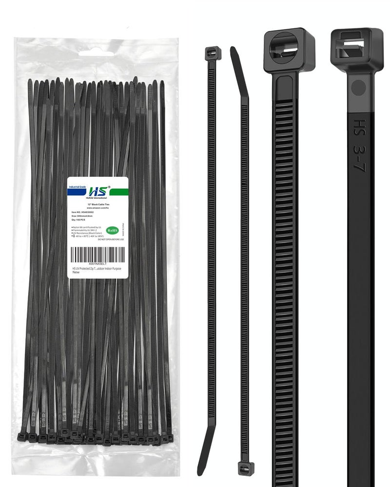 HS UV Protected Zip Ties 12 Inch (100 Pack) Self Locking Strong Plastic Wire Ties 12 Inch Black Nylon Cable Ties 50 LBS,Outdoor Indoor Purpose - Image 1